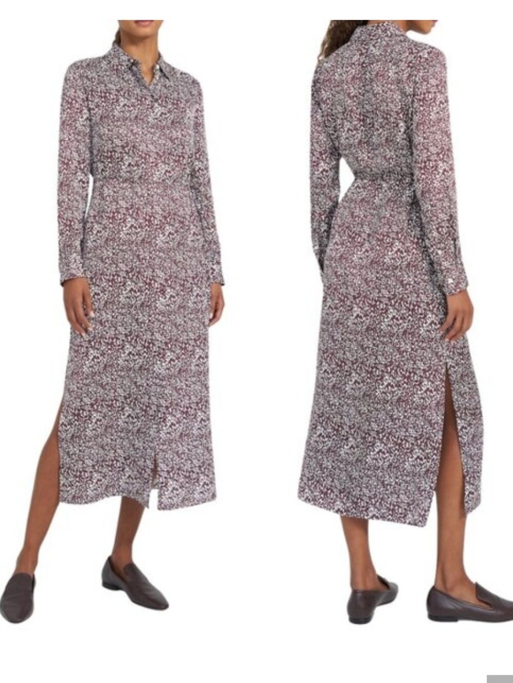 Theory Shirtdress White Brown Brushed Dot Collared Button Up Midi Dress Medium
